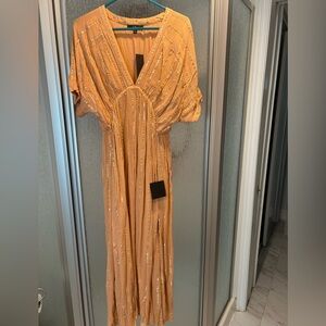 Lulus Goddess Vibes Rusty Rose Gold Stripe Dolman Sleeve Maxi, Size L, NWT